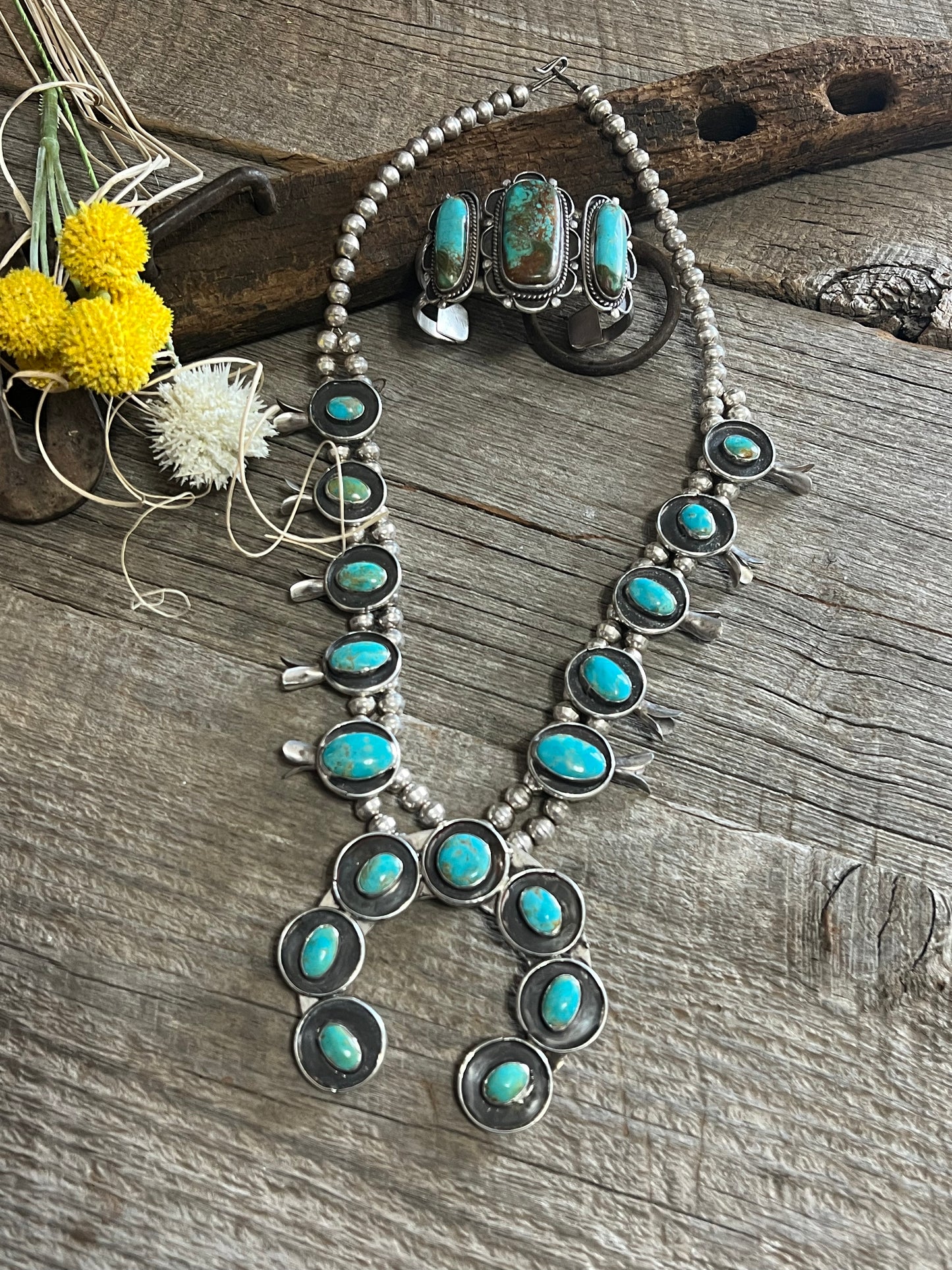 Blue Green Turquoise Squash Blossom & 3 Stone Bracelet Set