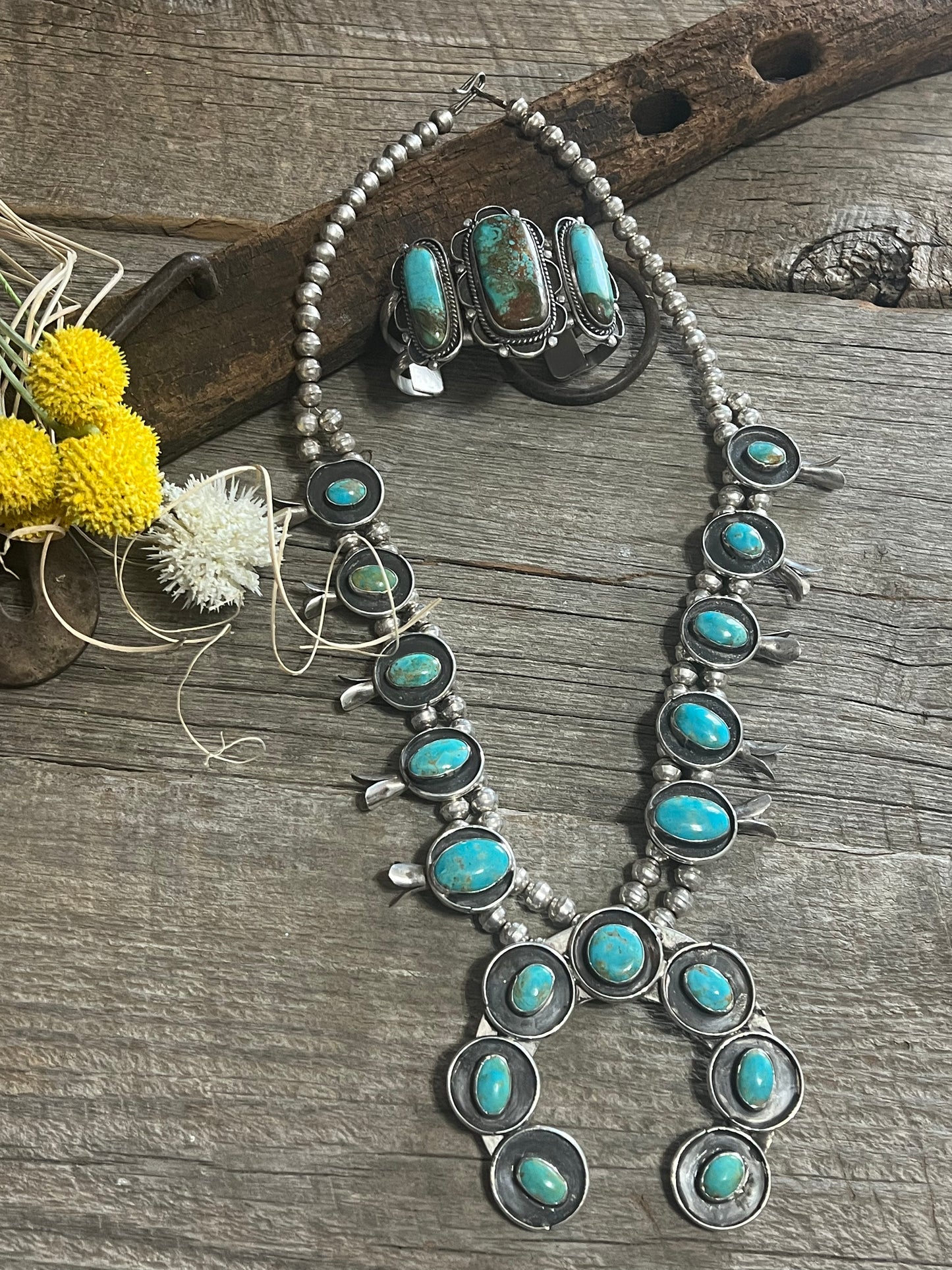 Blue Green Turquoise Squash Blossom & 3 Stone Bracelet Set