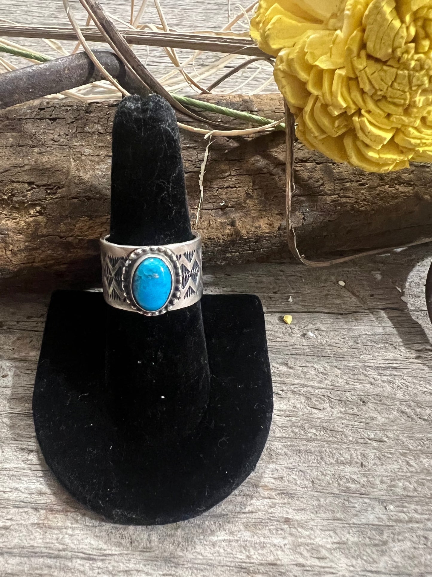 Wide Band Stamped Turquoise Ring