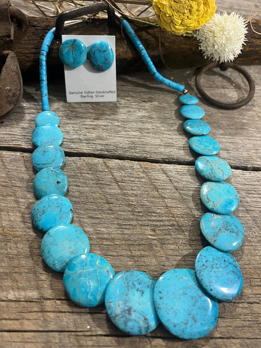 Vintage Turquoise Disk & Heishi Bead Necklace w/Earrings