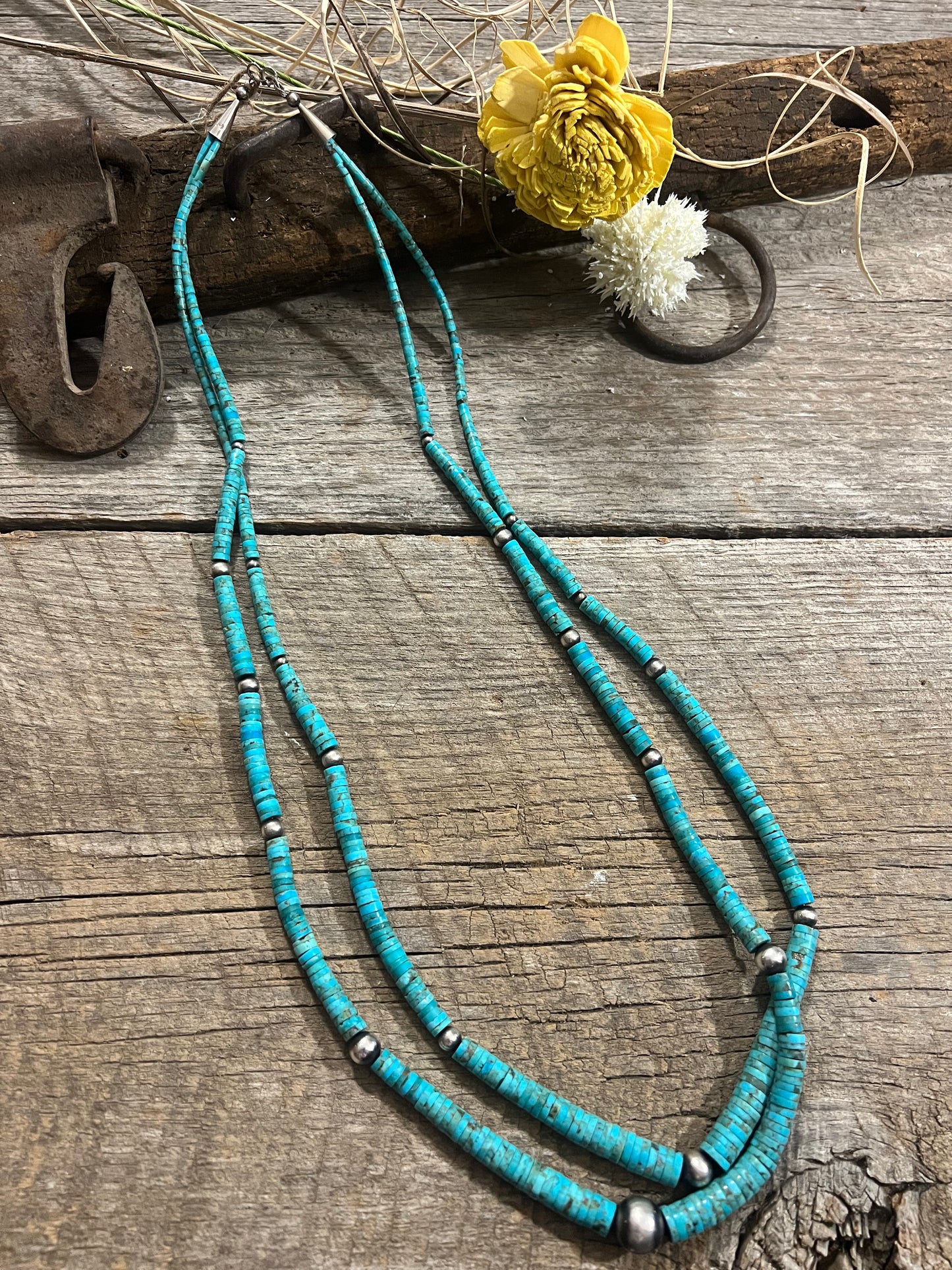 Turquoise Graduated Heishi Double Strand w/ Navajo Pearls