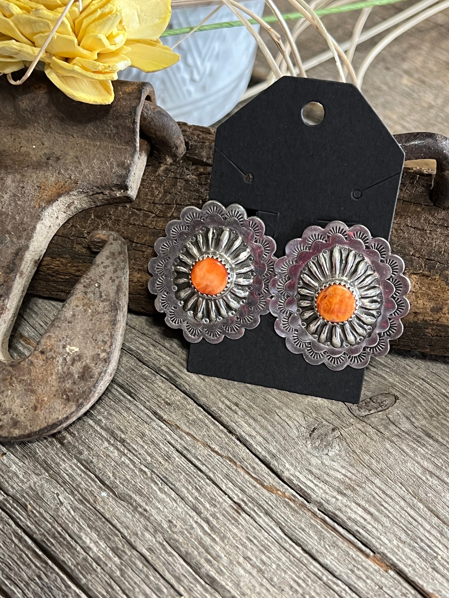 Orange Spiny Concho Earrings