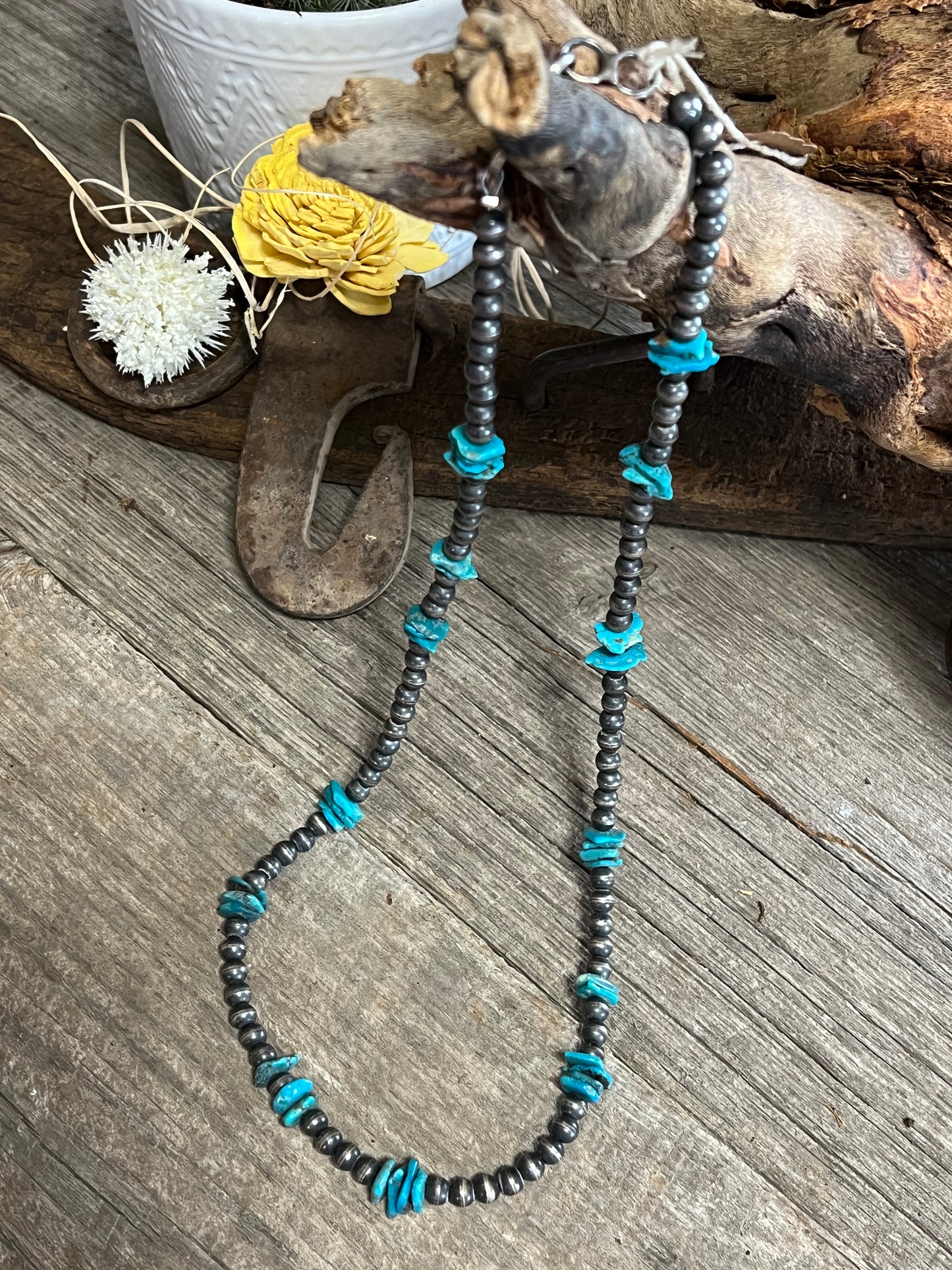 Hand Strung Pearl & Turquoise Chip Necklace