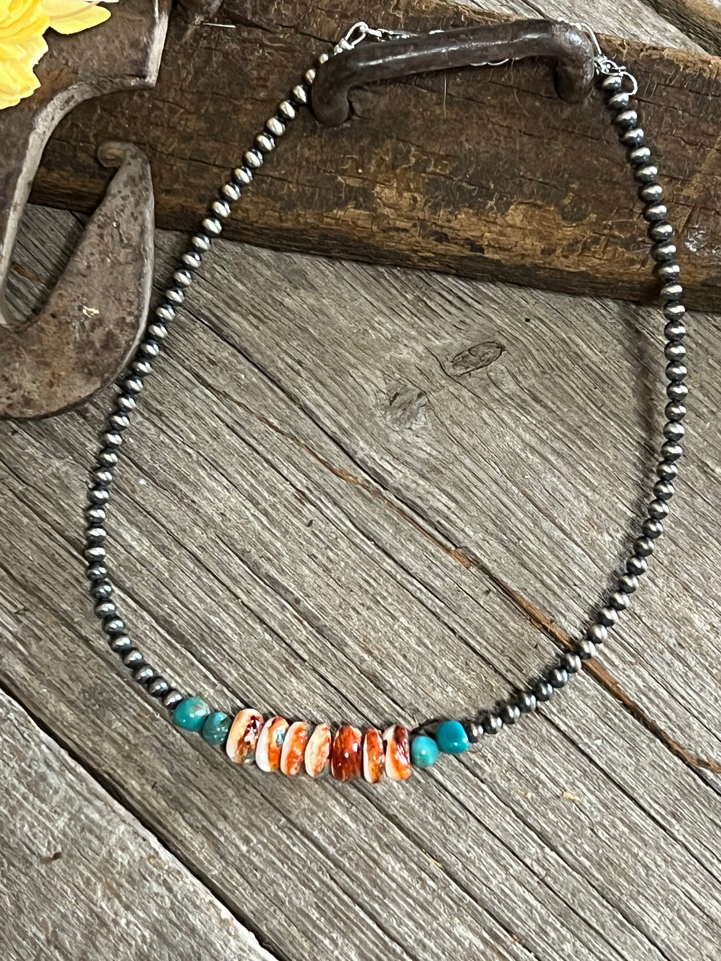 Orange Spiny, Turquoise, & Navajo Pearls Necklace