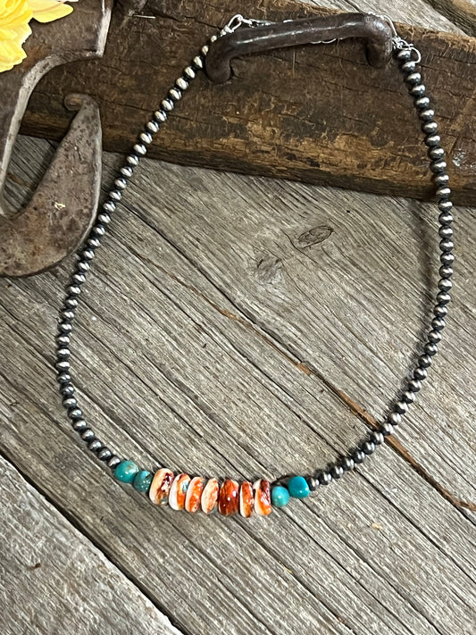 Orange Spiny, Turquoise, & Navajo Pearls Necklace