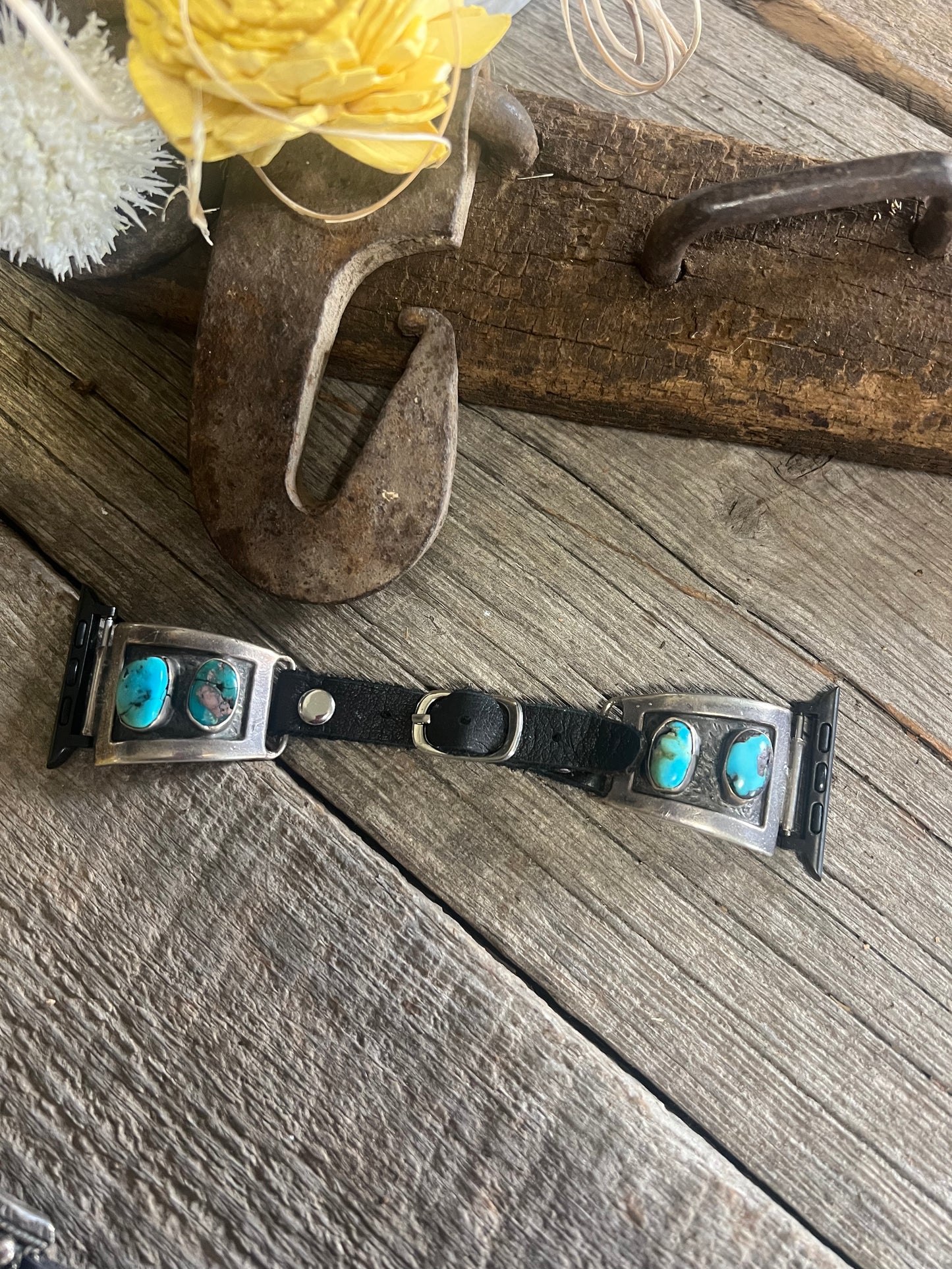 Turquoise 2 Stone Watch Band w/Leather Band